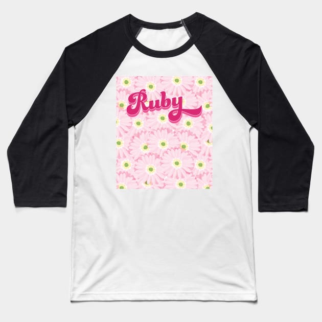 Gerberas - Ruby Baseball T-Shirt by carynbourke